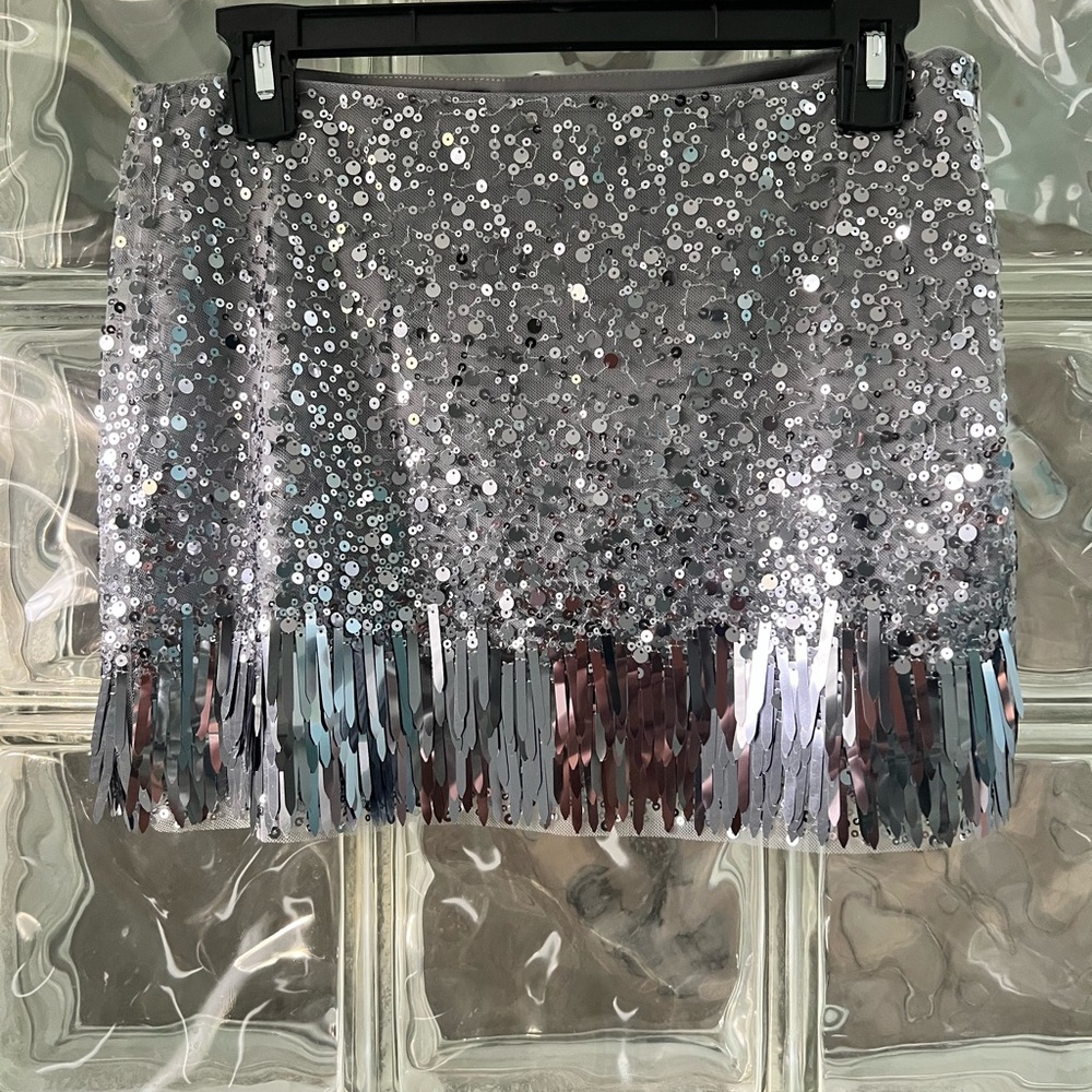 Silver Sequin Fringe Skirt